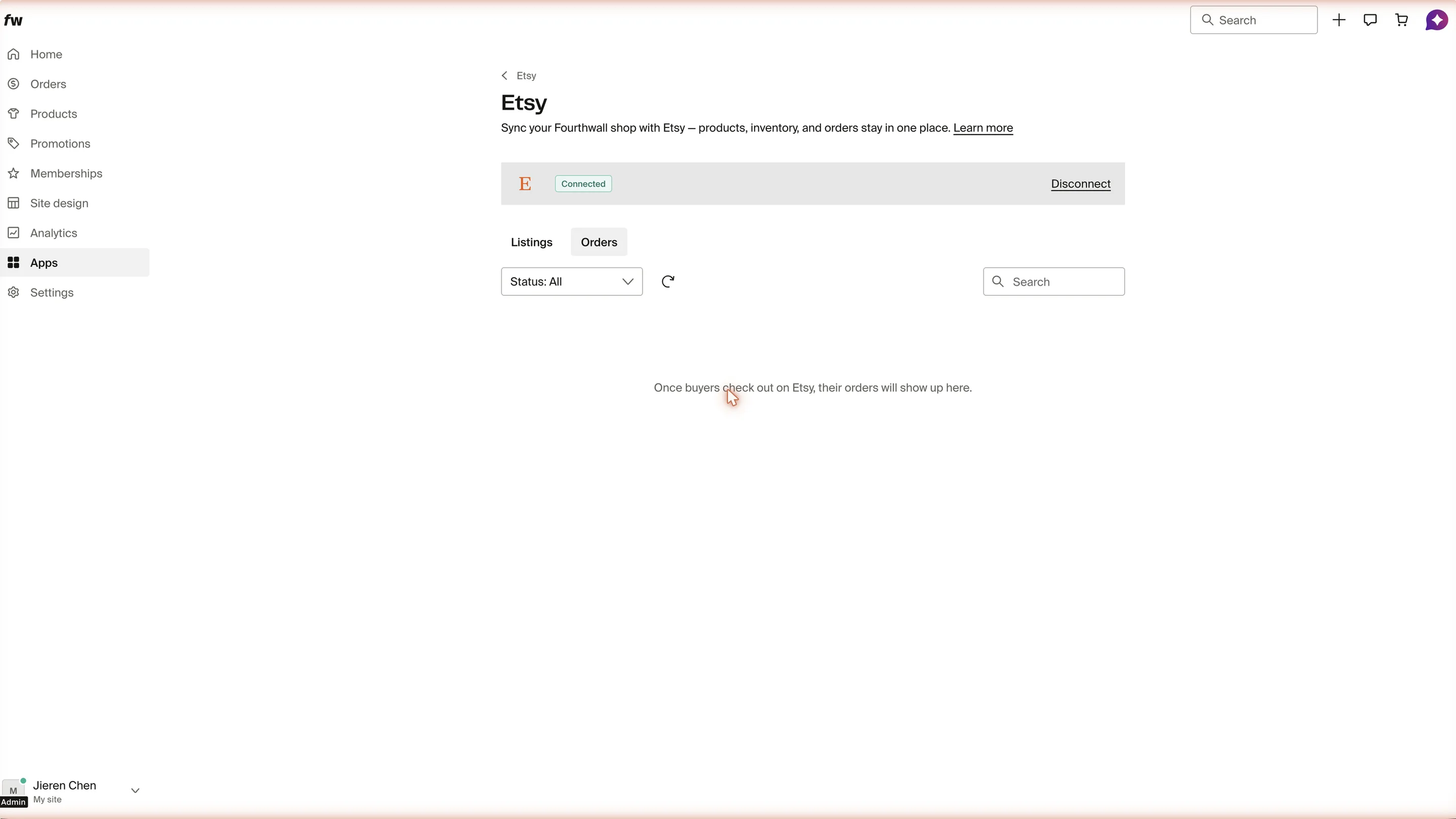 Orders tab showing synced Etsy orders with status filter and search