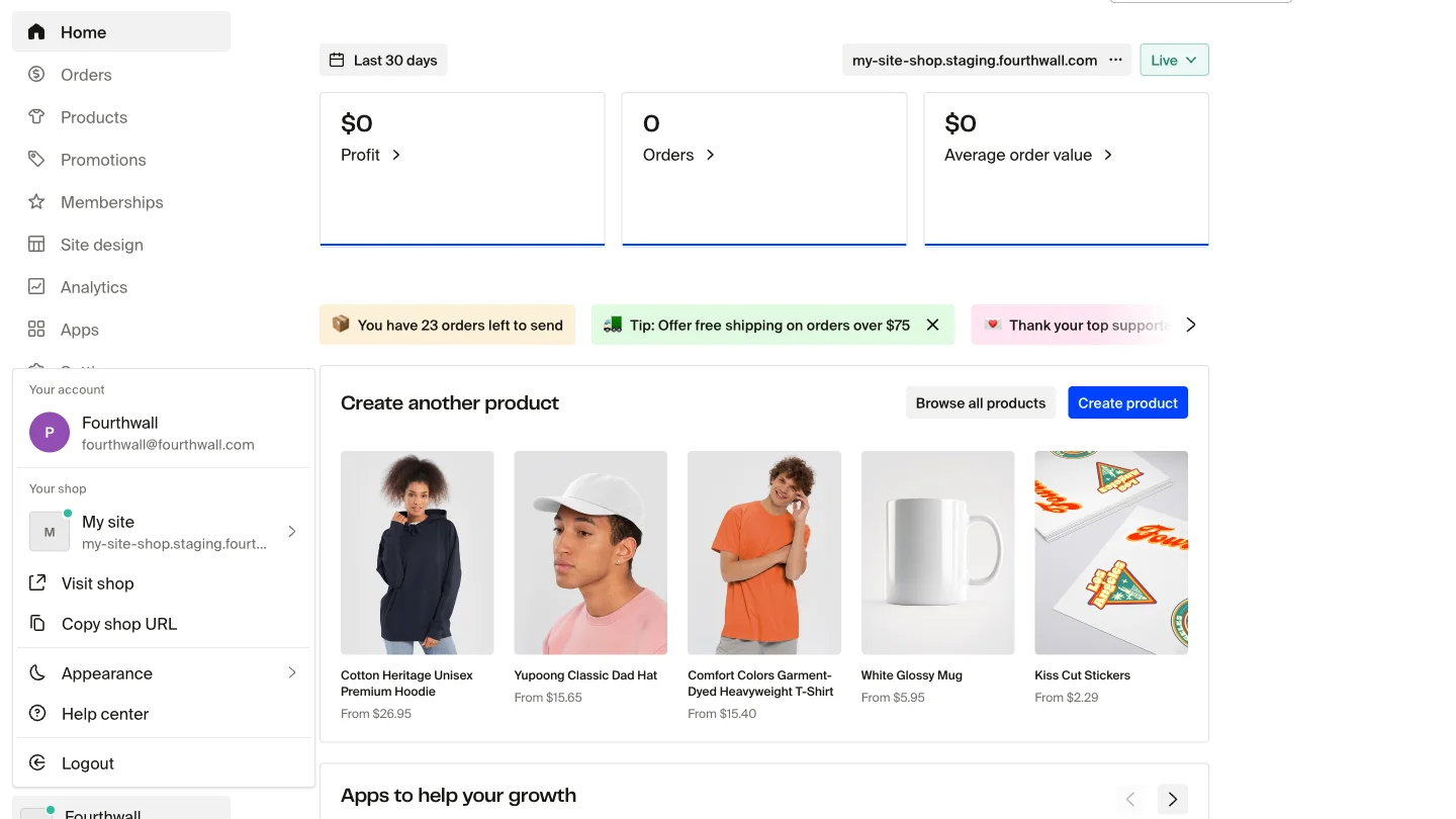Fourthwall seller dashboard showing the account menu expanded with options like Visit shop, Copy shop URL, Appearance, Help center, and Logout, alongside shop statistics and product listings.