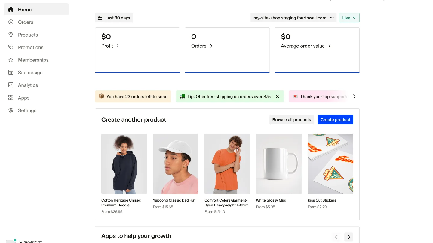 Fourthwall dashboard home page displaying profit, orders, and average order value metrics for the last 30 days, with a "Create another product" section showing sample products.