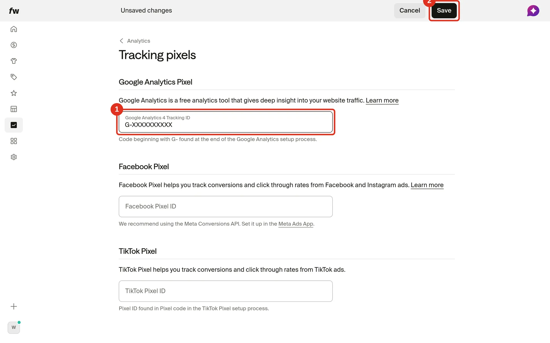 Tracking pixels page with the Google Analytics 4 Tracking ID field and the Save button in the top bar numbered 1 and 2